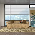 Beige Sectional Sofa with Large Windows Mountain View Patterned Rug and Chinese Landscape Painting
