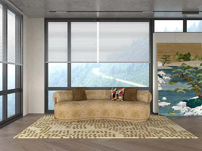 Beige Sectional Sofa with Large Windows Mountain View Patterned Rug and Chinese Landscape Painting 3d model