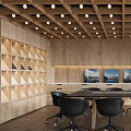 Modern Conference Room With Wooden Ceiling Recessed Lights Large Table Black Chairs And City View