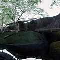 Modern Garden Landscape With Circular Water Feature Trees And Grassy Mounds