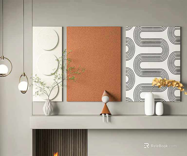 Modern Interior Wall Decor With Three Patterned Panels Plants And Decorative Items 3d model