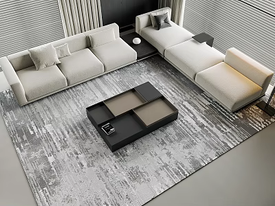 Modern Beige Sofa And Black Coffee Table Set With Area Rug And Decorative Cushions 3d model
