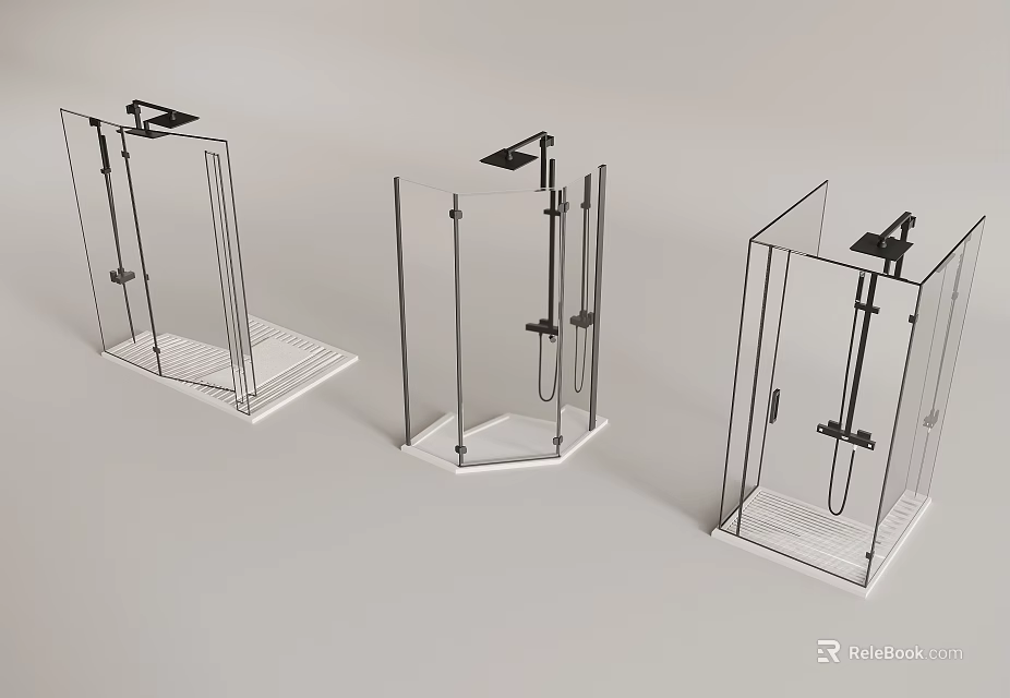 Three Modern Glass Shower Partitions With Various Designs And Metal Frames 3d model 