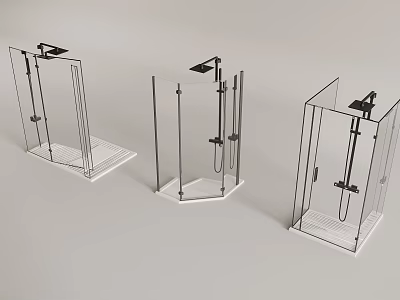 Three Modern Glass Shower Partitions With Various Designs And Metal Frames 3d model
