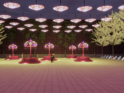 Illuminated Decorative Scene With Hanging Circular Lamps Purple Umbrella Shaped Structures And Trees 3d model