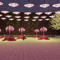 Illuminated Decorative Scene With Hanging Circular Lamps Purple Umbrella Shaped Structures And Trees