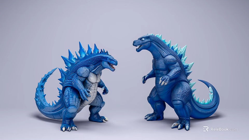 Two Blue Godzilla Action Figures Standing Face to Face With Spiked Backs 3d model 