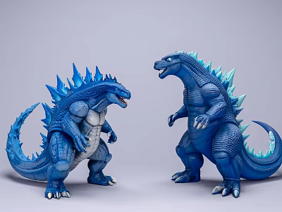 Two Blue Godzilla Action Figures Standing Face to Face With Spiked Backs 3d model