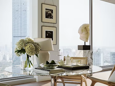 Decorative Accessories Combination On Glass Table With Hydrangea Lamp Sculpture And City View 3d model
