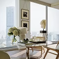 Decorative Accessories Combination On Glass Table With Hydrangea Lamp Sculpture And City View