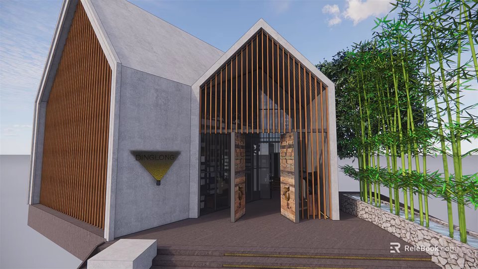 Modern Building Exterior With Concrete Walls Wooden Slats Glass Doors Triangular Roof And Bamboo Plants 3d model 