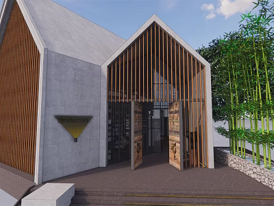 Modern Building Exterior With Concrete Walls Wooden Slats Glass Doors Triangular Roof And Bamboo Plants 3d model