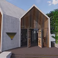 Modern Building Exterior With Concrete Walls Wooden Slats Glass Doors Triangular Roof And Bamboo Plants