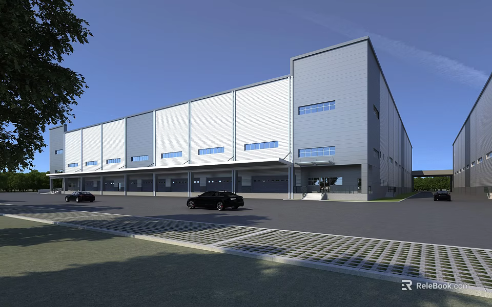 Modern Industrial Factory Building With Metal Structure Large Windows Paved Parking Area And Landscaping 3d model 