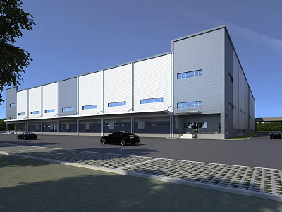 Modern Industrial Factory Building With Metal Structure Large Windows Paved Parking Area And Landscaping 3d model