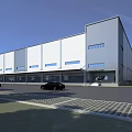 Modern Industrial Factory Building With Metal Structure Large Windows Paved Parking Area And Landscaping