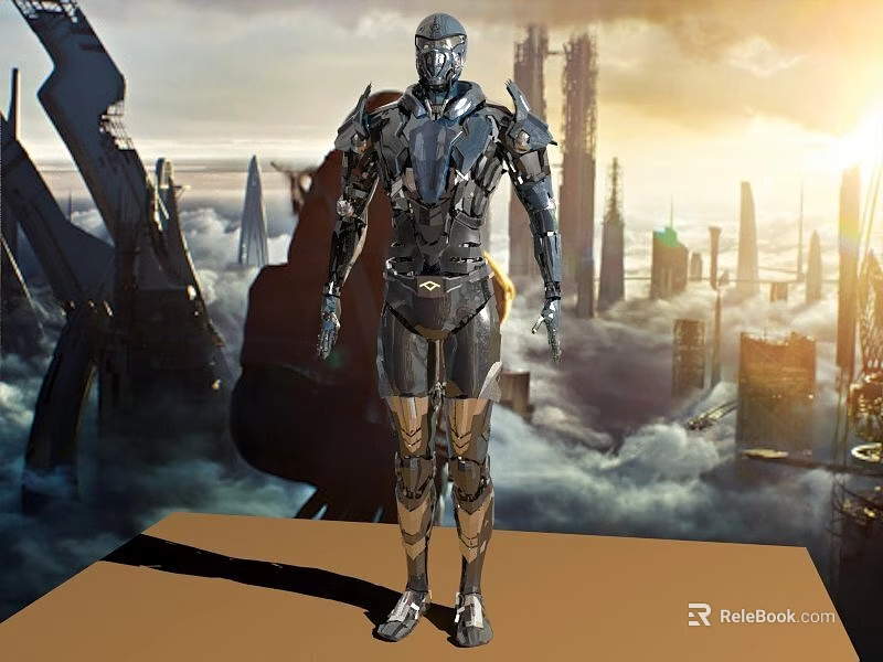 Game Movie Character in Futuristic Tech Armor with Sci Fi City Tall Buildings Clouds 3d model 
