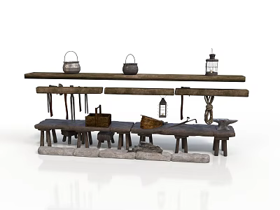 Rustic Wooden Furniture Set With Shelves Benches Baskets Lanterns And Vintage Tools 3d model