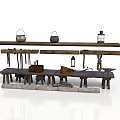 Rustic Wooden Furniture Set With Shelves Benches Baskets Lanterns And Vintage Tools