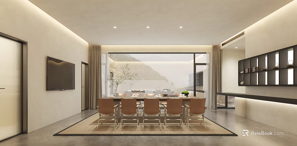 Modern Tea Room Interior With Long Table Chairs And Mountain View Through Large Windows 3d model