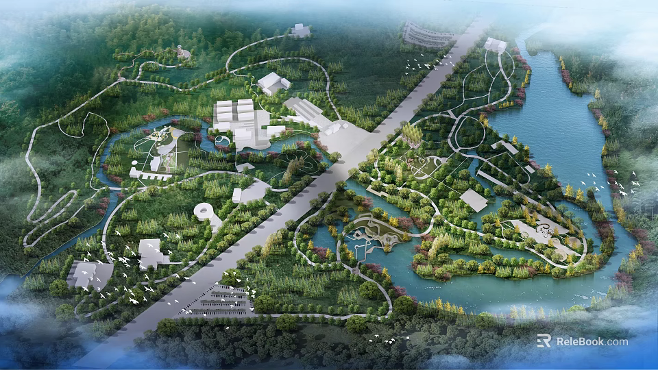 Waterfront Landscape Design With Natural Greenery Scenic Paths Pavilions And Lake Views 3d model 