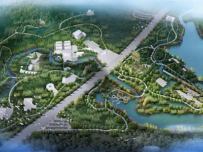 Waterfront Landscape Design With Natural Greenery Scenic Paths Pavilions And Lake Views 3d model
