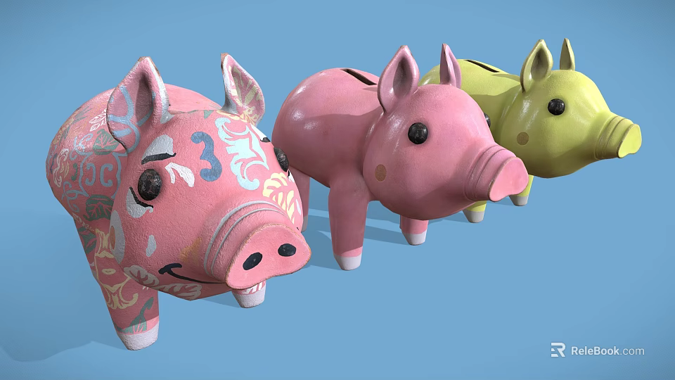 Three Colorful Piggy Banks With Unique Patterns And Designs On Blue Background 3d model 