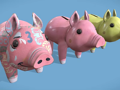 Three Colorful Piggy Banks With Unique Patterns And Designs On Blue Background 3d model