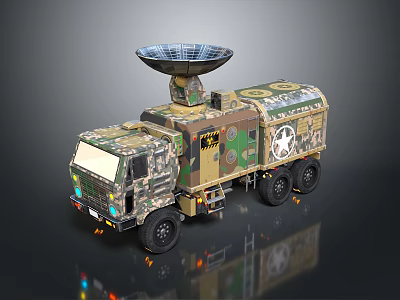 Military Camouflage Truck Equipped With Satellite Dish Antenna And Communication Equipment 3d model