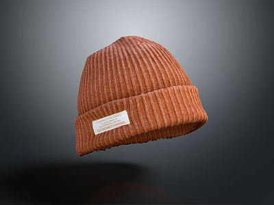 Orange Ribbed Knit Beanie Hat with White Label and Soft Winter Texture 3d model