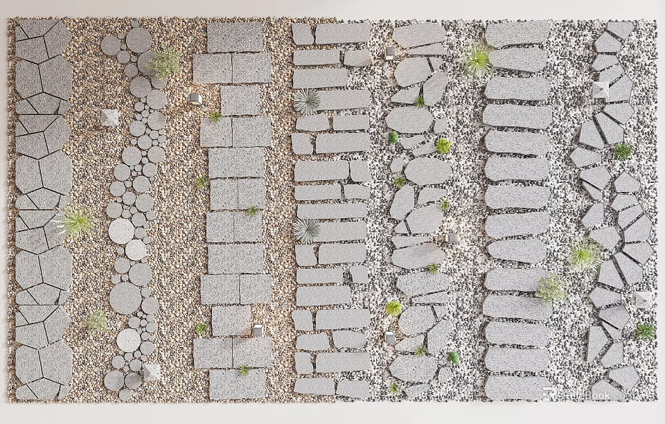 Rockery Stones Garden Path Design With Pebbles Slabs And Small Plants 3d model 