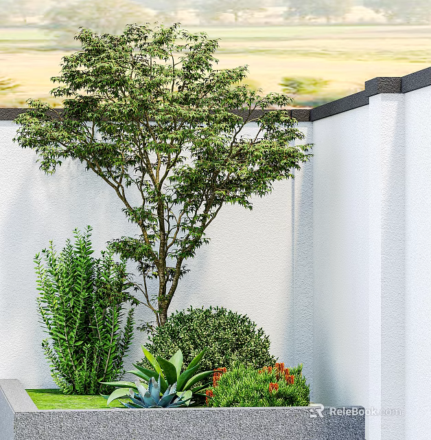 Garden Plant Combination with Tree Shrub Succulent and Red Flowers by White Wall 3d model 