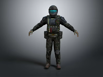 Man In Camouflage Uniform With Helmet Goggles And Tactical Gear 3d model