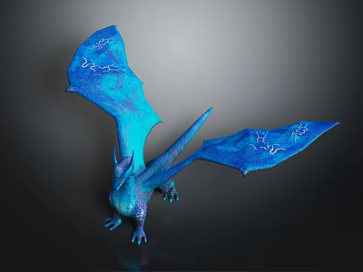 Mythical Blue Dragon With Gradient Blue Color And White Patterned Wings On Dark Background 3d model