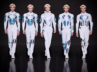 Group of Men in White and Blue Futuristic Outfits Walking on Black Runway 3d model