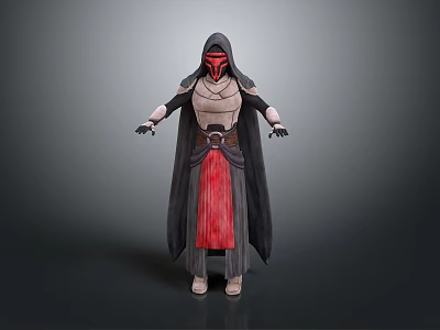 Mystic Hooded Warrior Character Wearing Red Mask And Black Cloak Robe 3d model