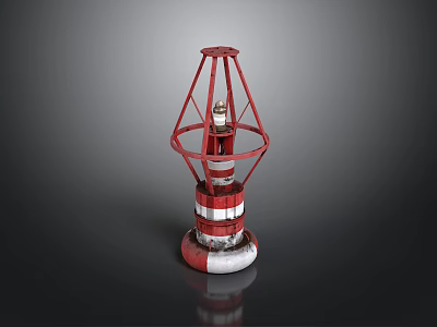 Red And White Lighthouse Model With Metal Frame And Round Base On Dark Reflective Surface 3d model
