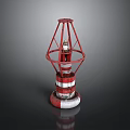 Red And White Lighthouse Model With Metal Frame And Round Base On Dark Reflective Surface