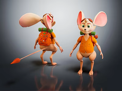 Cartoon Mouse Characters In Orange Outfits With Backpacks Large Ears And Tail Front Back Views 3d model