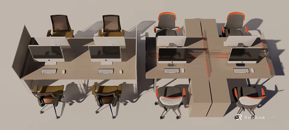Modern Office Desk Workstations With Ergonomic Chairs Computer Monitors And Keyboards 3d model 