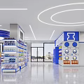 Bright Modern Supermarket Interior With Blue Decor Round Shelves And Various Products