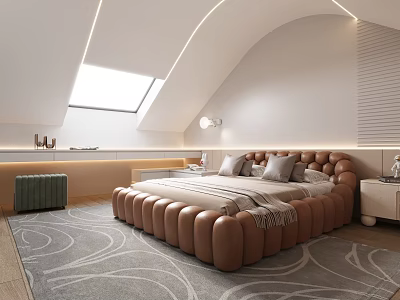 Light Luxury Modern Bedroom Interior With Curved Ceiling Brown Tufted Bed And Skylight Rug 3d model