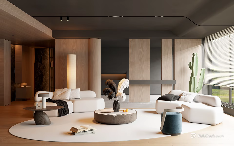 Modern Living Room Interior With White Sofas Round Coffee Table Wooden Partitions And Cactus 3d model 