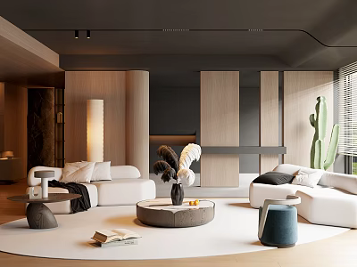 Modern Living Room Interior With White Sofas Round Coffee Table Wooden Partitions And Cactus 3d model