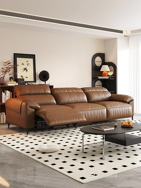 Vintage Brown Leather Reclining Three Seater Sofa For Cozy Modern Living Room Home Decor 3d model 