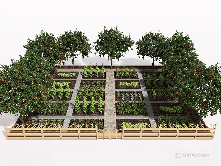 Organized Garden Landscape With Neat Plant Beds Surrounding Trees And Wooden Fence 3d model 