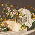 Elegant Floral Arrangement With Golden Circular Frame Strip Decor And Calligraphy Backdrop