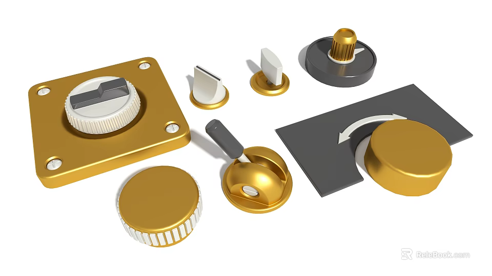 Gold Metal Hardware Tools Including Knobs Buttons And Switches With Various Designs 3d model