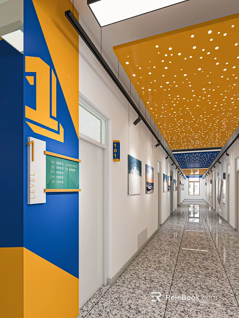 School Corridor Featuring Blue Yellow Walls Yellow Star Ceiling Signage Posters and Floor Tiles 3d model 
