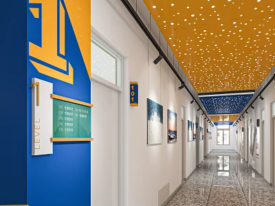 School Corridor Featuring Blue Yellow Walls Yellow Star Ceiling Signage Posters and Floor Tiles 3d model